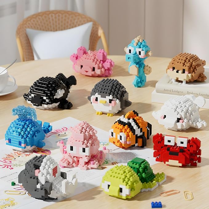 Small Toy Gift,Party Favors for Kids,12 Boxes Marine Animals Micro Mini Building Blocks Set, Birthday Gift for Kids Ages 8-16+