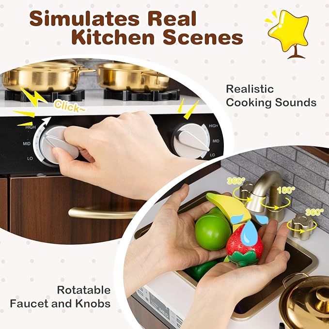 HONEY JOY Kids Kitchen Playset, Wooden Little Chef Pretend Toy Kitchen Set w/Chalkboard, Telephone, Utensils, Oven, Microwave, Sink, Storage, Play Kitchen for Toddlers Boys Girls, Espresso