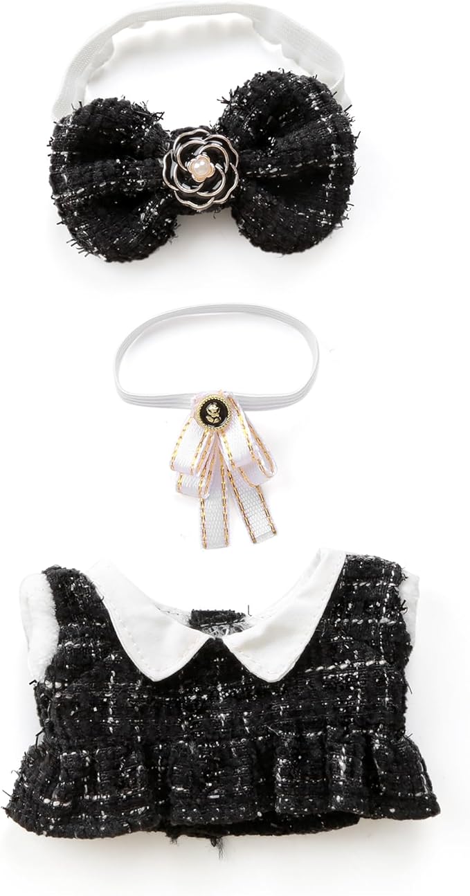 17cm Doll Clothes for labubu - Luxury Chic Style Set for 17cm Dolls, Premium Doll Outfit with Accessories - Black Plaid Tweed Dress + White Necktie + Plaid Bow (Clothes Only)