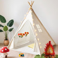 little dove Teepee Tent for Kids Foldable Teepee Play Tent with Carry Case, Banner, Fairy Lights, Olives Branches, Four Poles Style Raw White Color - New Version Tiny House
