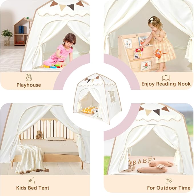 Toddler Bed Tent, Kids Play Tent with Flags, Star String, Portable Bed Canopy for Boys & Girls, Children, Indoor Outdoor Dome Playhouse, Cream, 51" x 39" x 51"