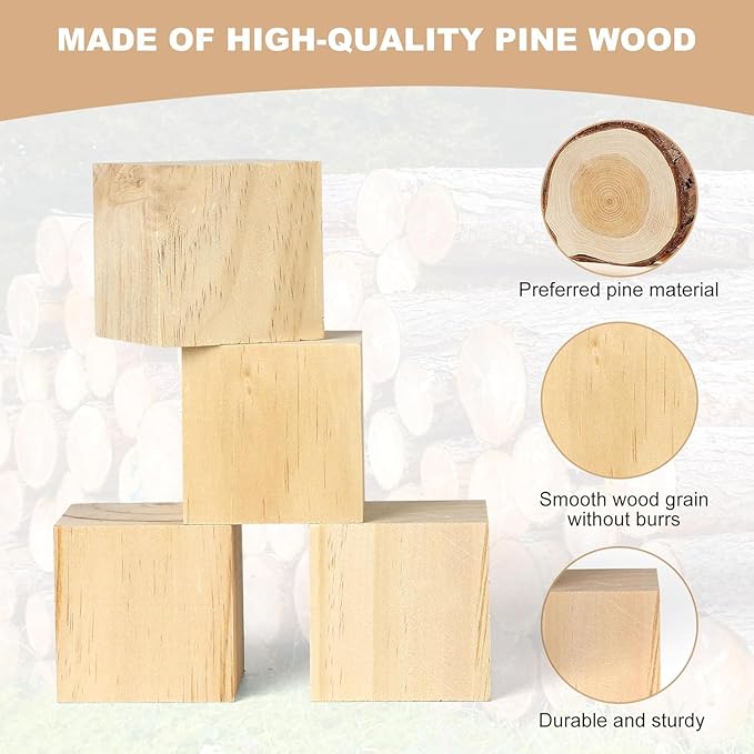 30PACK Wooden Blocks for Crafts, Unfinished Wood Cubes Blocks, 2 Inch Natural Wood Square Blocks, Wooden Cubes for Arts and Crafts and DIY Projects