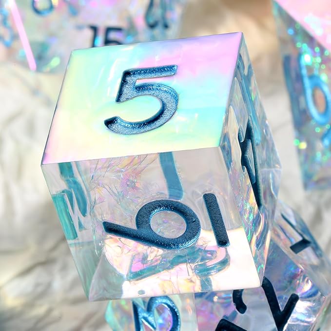 Iridescent Plating Sharp Resin Dice, DNDND 7PCS Handmade DND Sharp Edge Dice with Gorgeous Gift Case for Dungeons and Dragon Tabletop Games (Iridescent Plating Transparent)