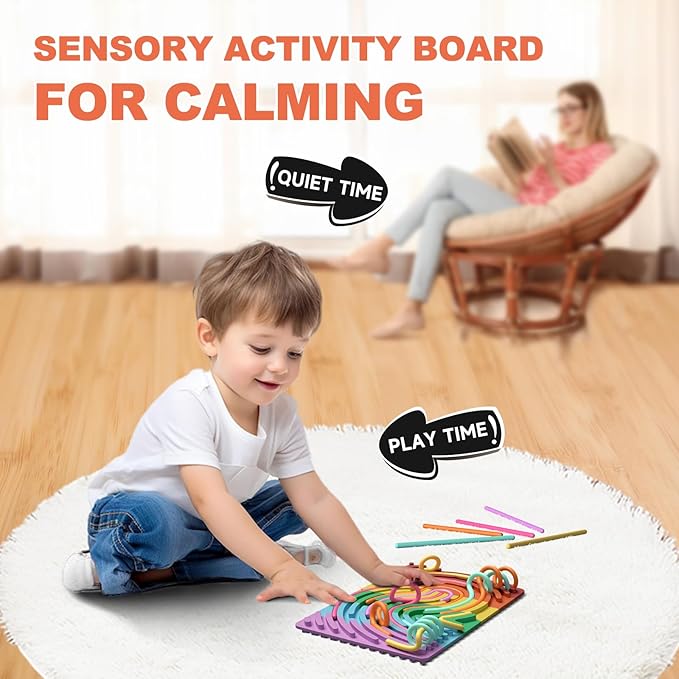 Sensory Fidget Toys for Kids,Silicone Sensory Activity Board for Stress,Soft Worry Toys for Calm Down Corner Supplies,Play Therapy ,Portable Travel Bag & 15 Strings, Simple Dimple Fidget Toys