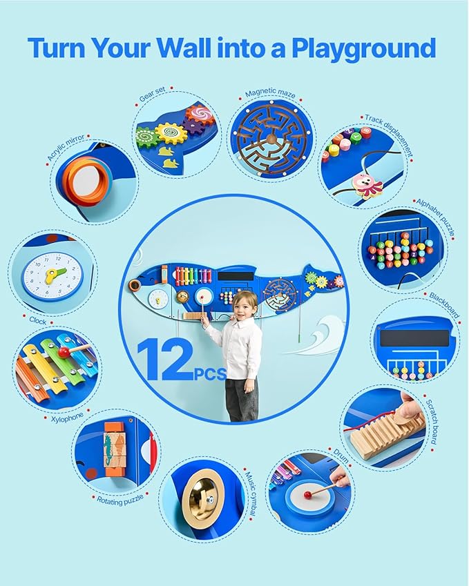 VEVOR Orca Activity Busy Board Wall, 12 Activities Board, Montessori Sensory Wall Panel for Kids 3-12 Years, Sensory Activity Panel, Ideal for Toddler Playroom Nursery Classroom