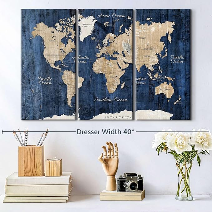 ElephantStock Aged Blue World Map II Canvas - 3 Panel Wall Decor - World Map Digital Art - Blue Wall Art - 33" X 20"