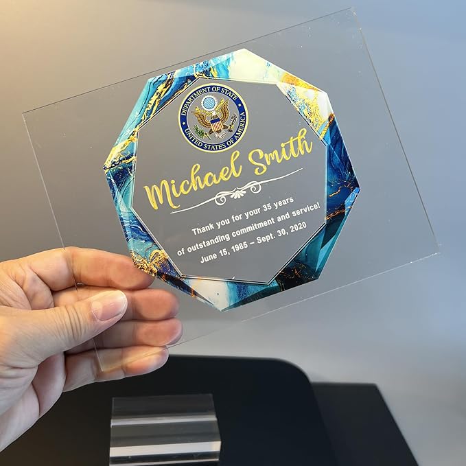 Custom Engraved Acrylic Employee Recognition Award – Personalized Appreciation Trophy for Corporate Excellence – Desk Display Plaque with Free Customization (Style #9)