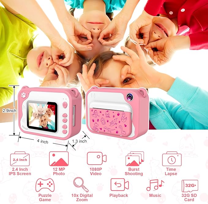 Kids Camera Instant Print, Dinosaur Kids Digital Toddler Camera,1080P with 32G SD Card, Kids Toy Birthday Gifts Portable Toy for 3-12 Year Old Girls Boys (Pink)