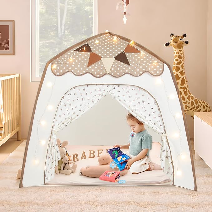 Toddler Bed Tent, Kids Play Tent with Flags, Star String, Portable Bed Canopy for Boys & Girls, Children, Indoor Outdoor Dome Playhouse, Brown Dots & Floral Pattern, 51" x 39" x 51"