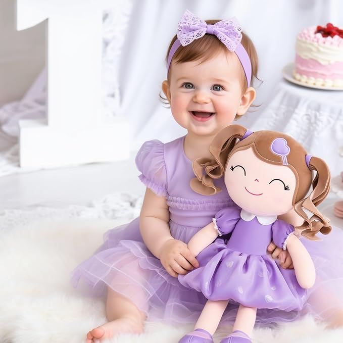 Gloveleya Baby Doll Gifts Plush Curly Girl Toys with Love 16" Purple Light Skin