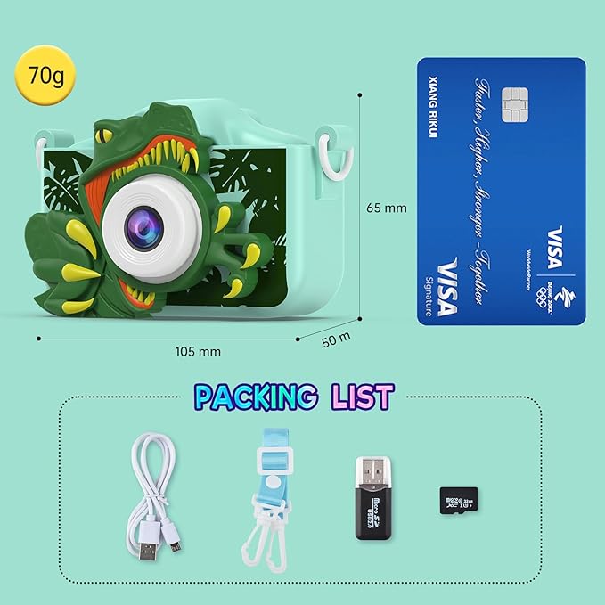 Dinosaur Camera for Kids with Cartoon Silicone Cover, Digital Mini Camera Toys for 3 4 5 6 7 8 9 10 11 12 Year Old Boys Girls Birthday Chirstmas Gifts Ideas - Personal Video Players (T-REX Green)