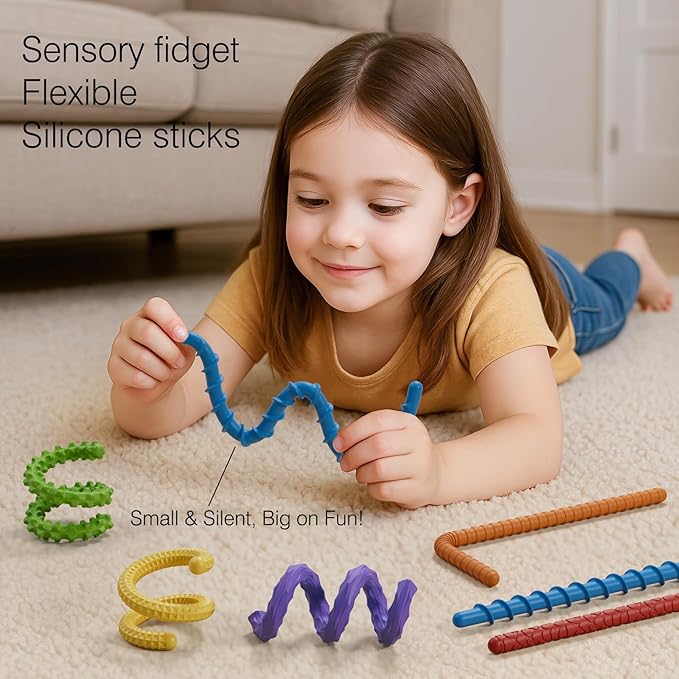 Flexible Sensory Fidget Sticks for Kids,12PCS Sensory Fidget Toys for Stress Anxiety Autistic ADHD,Calm Down Travel Airplane Essentials Toys,Stuffers Gifts for Teens Boys Girls