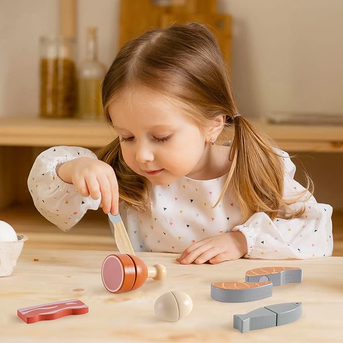 ROBOTIME Wooden Play Food Cutting Meat & Eggs Set, Pretend Play Toy Food for Play Kitchen with Shopping Bag – Kids Kitchen Accessories, Wooden Food Toys for Boys & Girls