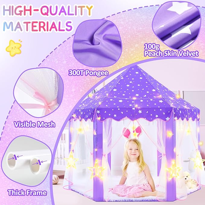 EVOIONOS Purple Princess Tent for Girls, Kids Play Tent with Large Star Lights, Castle Playhouse for Children Indoor Outdoor Games, 55 x 53 inches