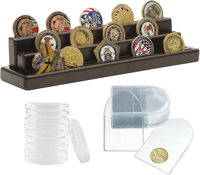 Military Coin Display Holder,Wooden Display Stand,4 Row Army Coin Case for Desk,Holders Set with Plastic Storage Bags and Storage Boxes,Brown