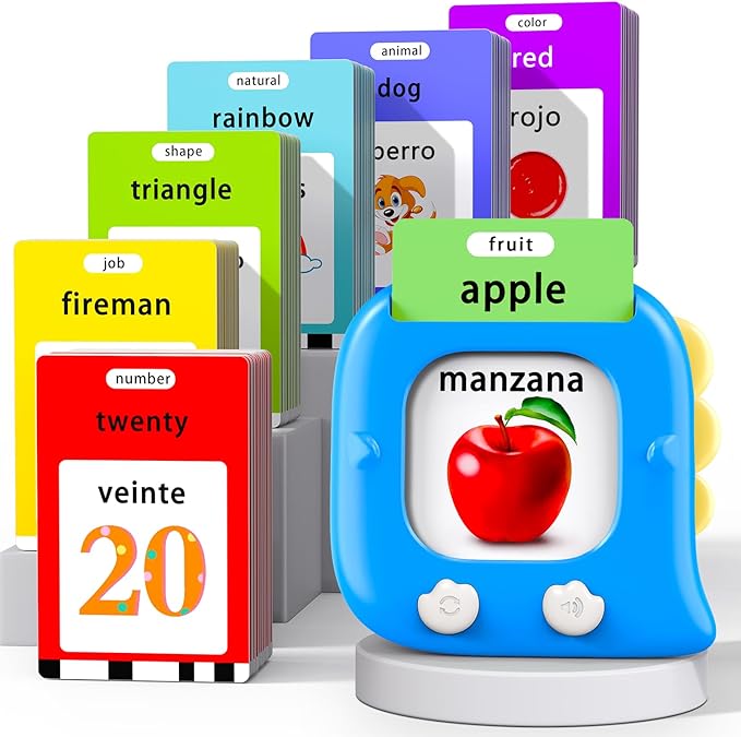 Kidzdo 520 Bilingual Spanish English Talking Flash Cards, Christmas Birthday Gifts for 2 3 4 5 6 Year Old Boys, Montessori Pocket Speech Therapy Toys, Portable Toddlers Toys for Ages 2-6 Kids, Blue