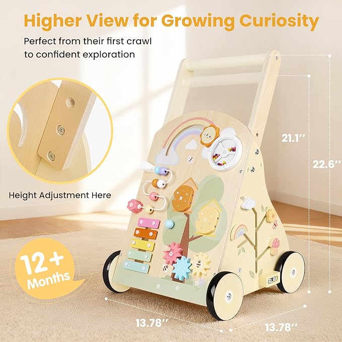 Wooden Baby Walker for 12 Months+, Montessori Push Walker for Babies Learning to Walk, Walker Toy Activity Center Adjustable Speed & Height, Wood Push Toy for Boys Girls 1st Birthday Gifts