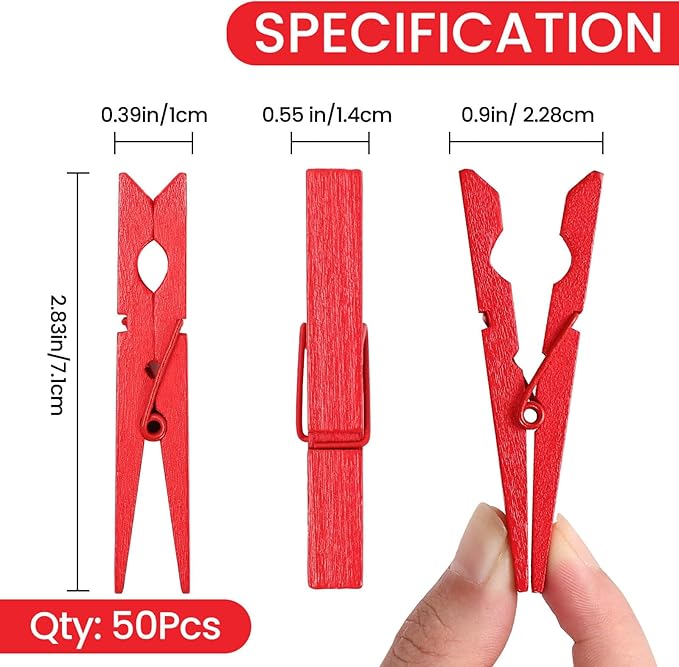 50PCS Colored Wooden Clothespins, 2.9inch Red Clothes Pins for Clip Pictures Photos Decorative, Small Colorful Wood Decoration Closepins Clips
