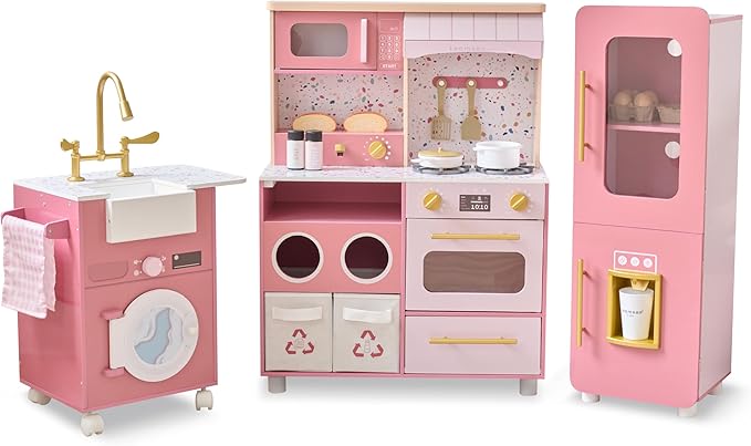 Teamson Little Chef Savannah Wooden Montessori Pretend Play Kitchen for Toddlers Kids Ages 3+ Modular Three-Piece Set with Sink Cart Stove & Fridge for Boys and Girls Playset – Pink