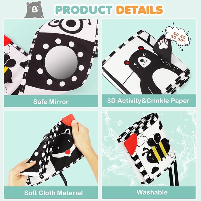 High Contrast Baby Toys for Newborn - Tummy Time Black and White Baby Toys for 0-3 3-6 Months - Soft Montessori Visual Stimulation Development Sensory Infant Book - Shower Gift for Boys Girls