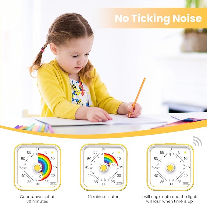 Visual Timer for Kids with Pause Function, Cute Silent Timer with Rainbow for Classroom, Teaching, Task, Kitchen, 60 Minute Countdown Time Management for ADHD (Rainbow Yellow)