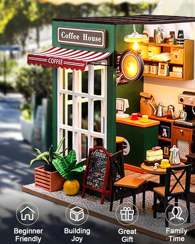 Miniature House Kit for Beginners, DIY Mini Coffee Shop with LED Lights, Miniature Dollhouse Kit for Adults & Teens, Creative Birthday Gift & Hobby for Family Friends (Afternoon Cafe)
