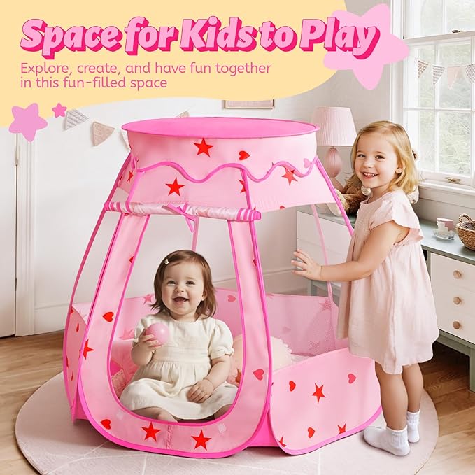 Pop Up Princess Tent with Star Light：Toy for Girl Birthday Gifts, Portable Ball Pit with Outdoor Carry Bag, Collapsible Kids Play Tent for Toddler Indoor Activity Playhouse, NO Balls(Pink)