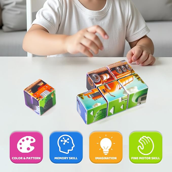 Magnetic Cubic Tiles for Kids, Large Building Blocks 1.65 inch, Engineering Construction Vehicles Puzzle Toy for Toddlers, Sensory & Montessori Magnetic Toys for Kids Ages 3 4 5 6