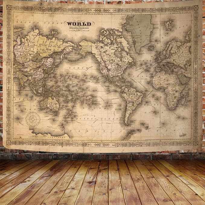 GOAOK Retro Old World Map, Vintage Map Asian Northern European Topography Earth Educational Tapestry for Classroom, Brown Adventure Travel World Map Office Wall Art 40"X30