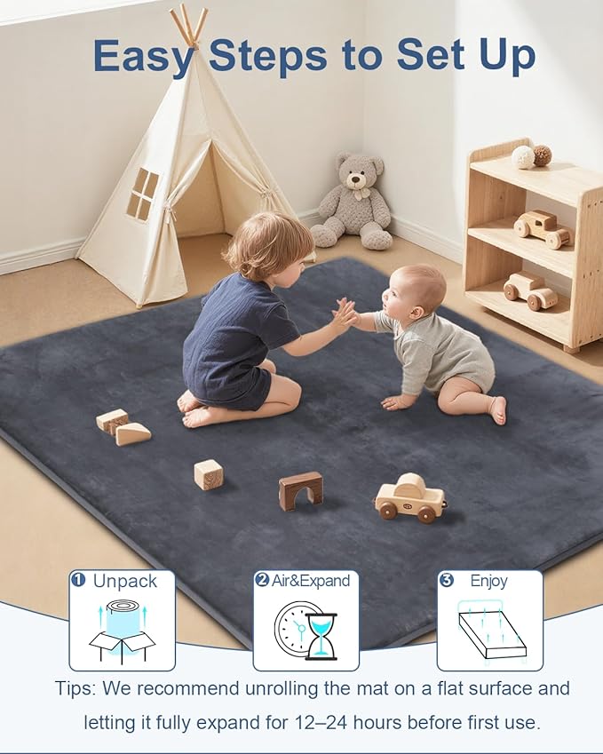 Thick Baby Play Mat for Floor,Padded Foam 47x47 Playpen Mat,Ultra Soft Support & Plush Feel Nursery Rug,Non Slip for Toddler,Infants,Kids Play,Yoga,Baby Crawling,Tummy Time (Dark Grey)