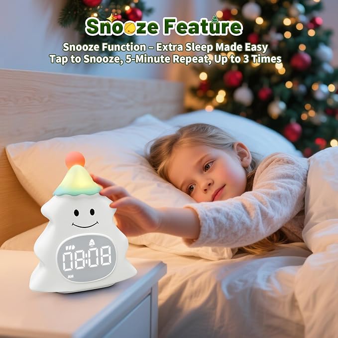 Christmas Tree Kids Alarm Clock, Digital Alarm Clock for Children with Snooze, 5 Ringtones, 8 Volume Levels, Gentle Night Light Timer, Easy-to-Read Display, Fun Holiday Wake Up Clock Gift