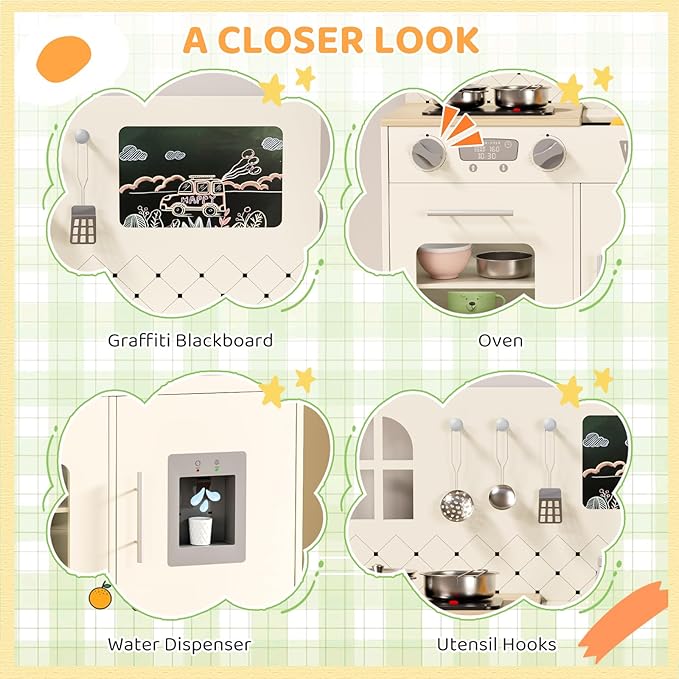 MAMIZO Wooden Kids Play Kitchen Set with Real Lights & Sounds, Interactive Pretend Kitchen with Knob Sounds, Sink, Water Dispenser, 6 Pcs Cookware & Chalkboard Panel for Toddlers and Children (Cream)