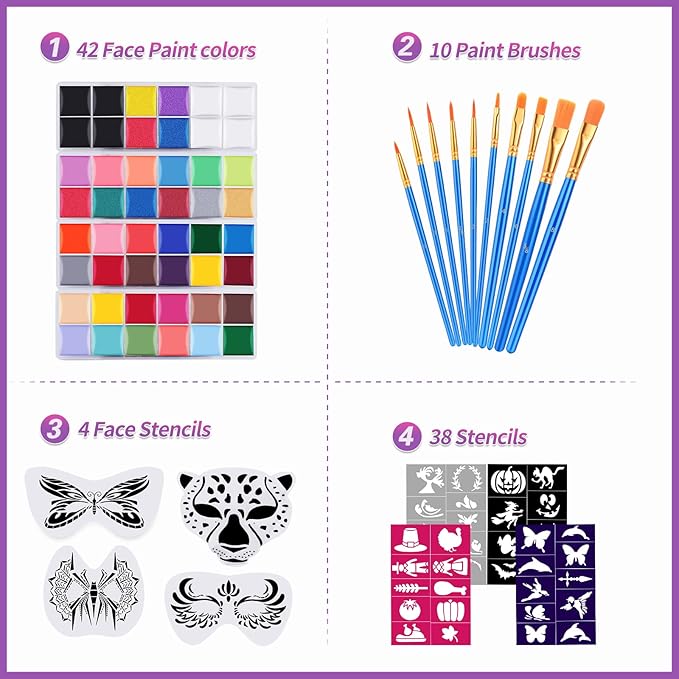 VESPRO Professional Face Body Paint Kit,42 Colors Oil Face&Body Paint Kit (26 Classic Colors+10 Metal Colors +6 UV Glow Colors) with 10 Size Brushes 4PCS Reusable Large Face Stencils and 4PCS Small Paint Stencils for Kids’ and Adults’ Halloween Makeup