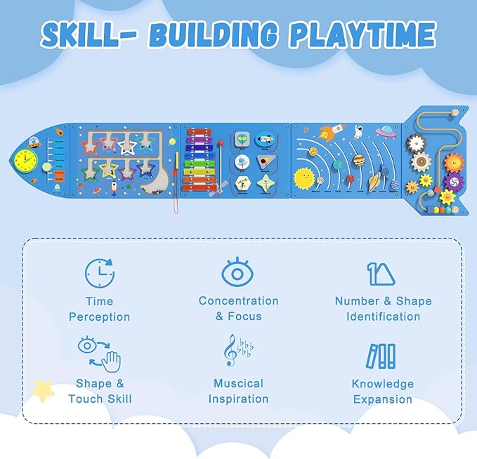 Rocket Activity Wall Busy Board Panels - Sensory Wall Panel for Kids, Montessori Toddler Wall Activity Board, Wall Toys for Toddlers 3, Activity Cube, Wooden Boards, Blue