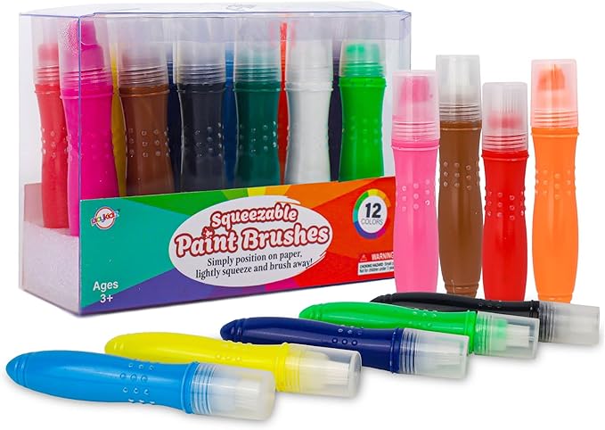 12 Squeezable Paint Brushes Classic Colors for Kids, Tempera Paint Brush, Assorted Fun Colors for Toddler, (24ml/0.8oz Each)