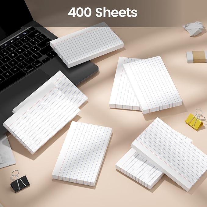 400 Count Index Cards 3x5 Inch - 180gsm Heavyweight White Flash Card (50 Sheets Each), Durable & Portable Note Taking for Students, Teachers, Study Flashcards for School Office Home