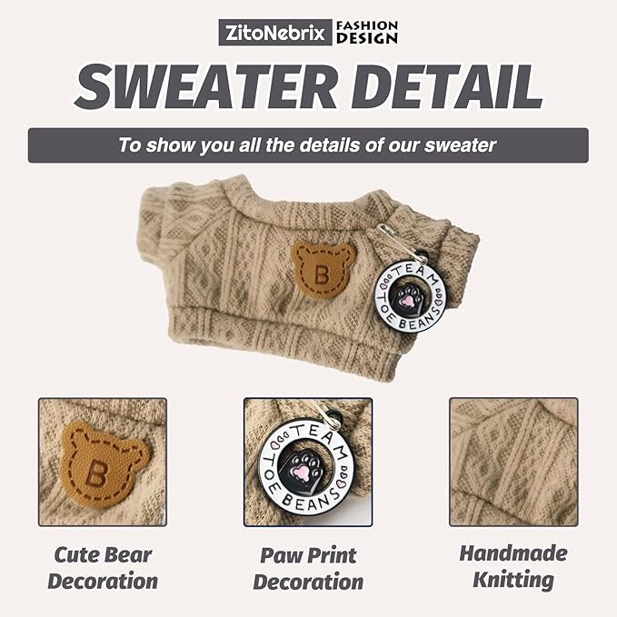 Cloth for Doll, 4-Piece Brown Bear Outfit for 17cm &15cm (NO Doll) – Gray Flipped Hem Hat + Smiley Necklace + Coordinated Clothes & Pants-Handmade