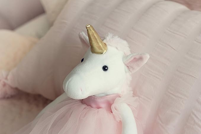 Ella The Unicorn Premium Quality Stuffed White Unicorn Plush Doll with Golden Horn, Hooves & Flowing Pink Mane & Soft Tail | Playable Toy with Movable Legs with Huggable Arms
