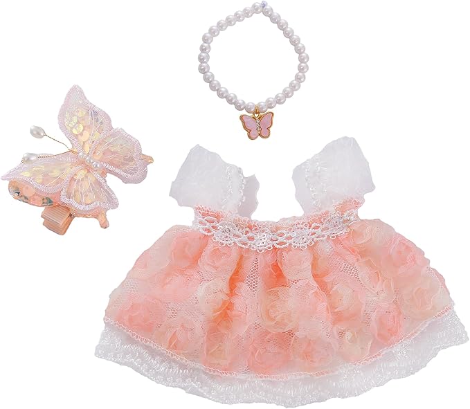 17cm Doll Clothes Set & Dolls Outfit 3-Piece Handmade Doll Clothing Set with Dress Necklace and Butterfly Decoration Accessories for 17cm Plush Dolls, Clothes Only, No Doll Included (Pink C)