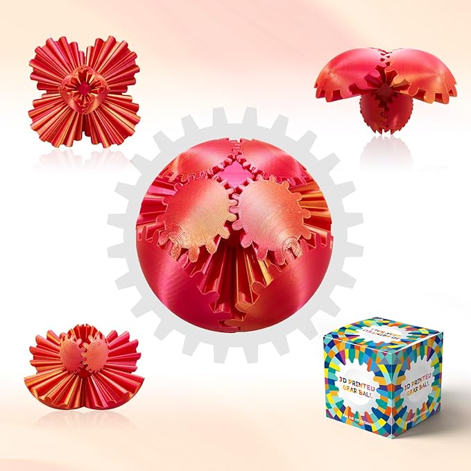 Gear Ball-3D Printed Gear Sphere,3D Printed Spin Ball Cube Fidget Toy,The Steampunk Whirling Wonder Fidget Ball Toy(Red Gold)