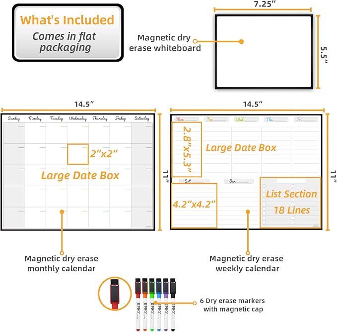 JJPRO Magnetic Dry Erase Monthly Calendar and Weekly Whiteboard for Fridge-Monthly Planner,Weekly Dry Erase Board for Refrigerators,One Bonus Notepad/to Do/Grocery List