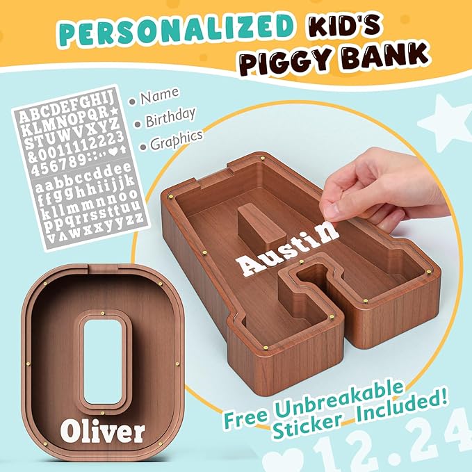 Summidate Wooden Letter Piggy Bank, Extra Thick Large Capacity Piggy Bank for Kids Boys Girls Toddler, Alphabet O Money Bank| Coin Box Birthday, Christmas, Festival