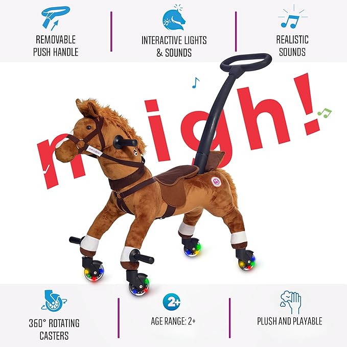 Power Pony Ride On Toy for 2+ Kids - Power Ponies Push Pull Kids Ride On Horse for Toddlers with A Removable Parent-Controlled Push Handle for Easy Rides, Brown, Champ