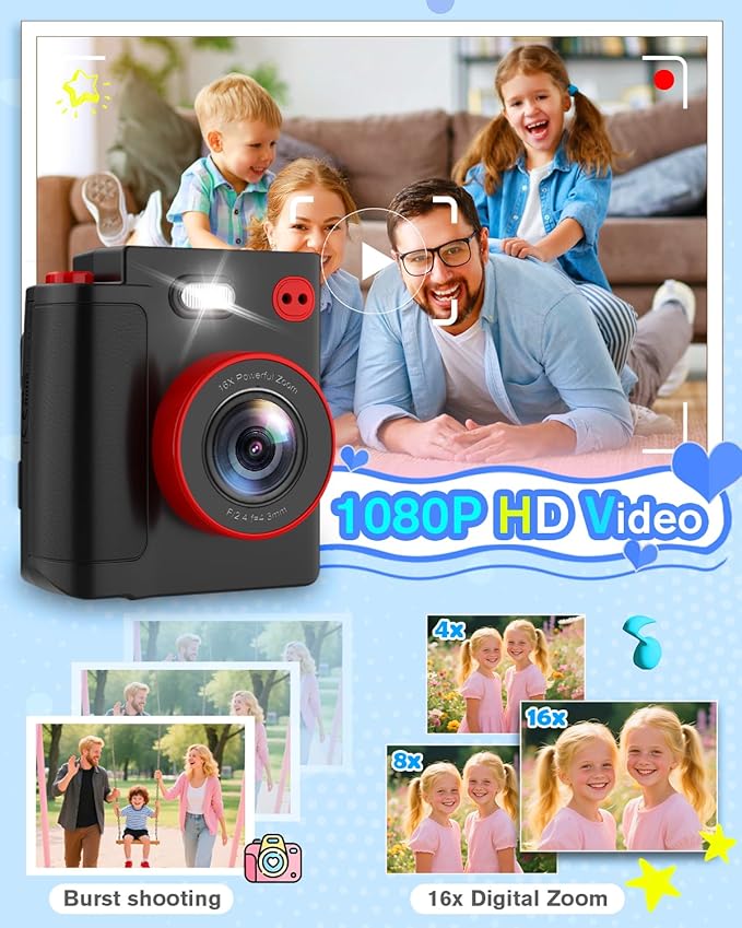 Instant Print Camera for Kids - Classic Black Digital Camera for 3-12 Year Olds, 1080P HD with 32GB SD Card, Selfie Mode & Durable Design, Ideal Christmas Birthday Gift, Portable Travel Toy