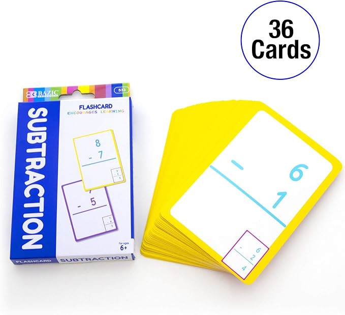 BAZIC Subtraction Flash Cards, Numbers Math Flashcards Game at School Home, Problem Solving (36/Pack), 24-Packs