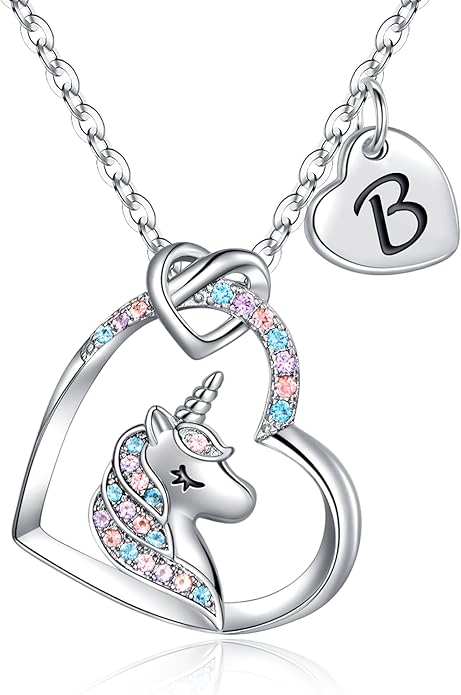 Hidepoo Unicorn Necklace Gifts for Girls - Colorful CZ Heart Pendant Initial Unicorns Necklaces for Teens Little Girls Jewelry Birthday Gift for Girl Daughter Granddaughter Niece