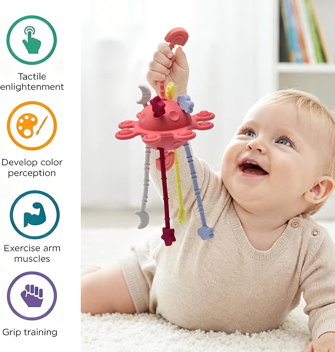 Silicone Baby Sensory Montessori Toys & Pull String Teething Toys for 6-12-18 Months, Toddler Birthday Gift Car Seat Airplane Travel Toy for 1 2 Year Old Boy Girl Infant 8 9 10 Months Old (Red)
