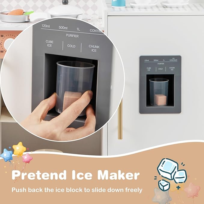 INFANS Kids Kitchen Playset, Toddler Wooden Kitchen Pretend Cooking Toy Set with Coffee Maker Ice Machine Dishwasher Microwave Storage Cabinet, Simulation Play Kitchen for Boys Girls 3+ (White)