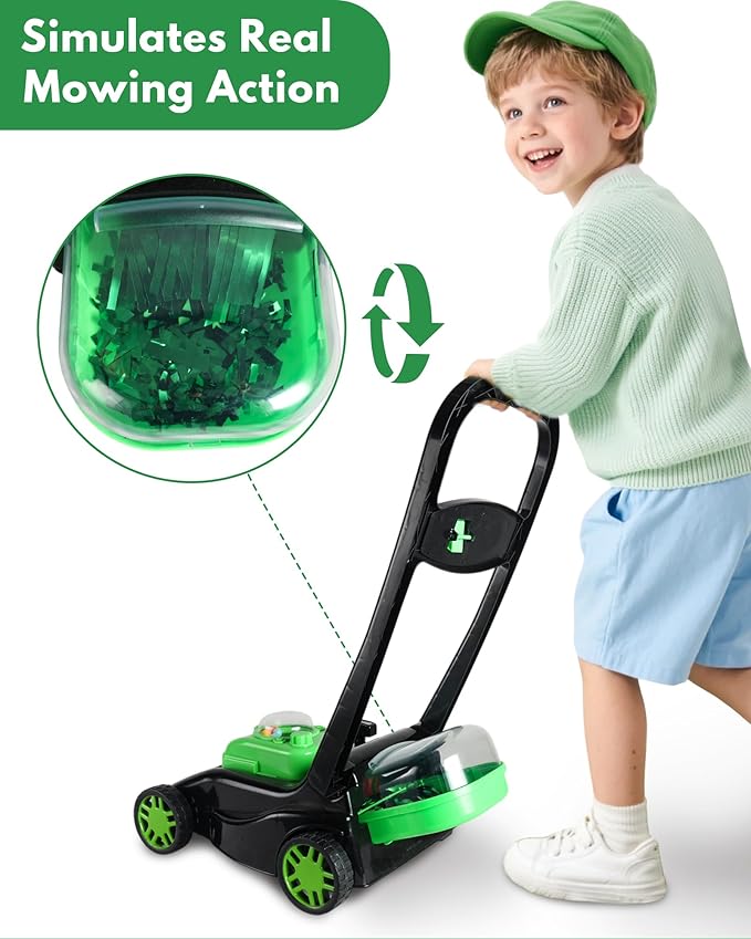 Kids Lawn Mower with Realistic Grass-Cutting Action and Sounds – No Batteries Required | Fun Outdoor Push Toy, Birthday Gift & Halloween Present for 3, 4, 5, 6, 7, 8 Year Old Boys and Girls (Black)