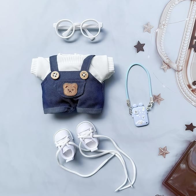 17cm Doll Clothes Set, 5 Pieces Dress Overalls Outfit Set for 6.7inch Doll Suit, Cute Fashion Hat & Clothes Accessories for 1st/2nd/3rd Gen Dolls Play & Display